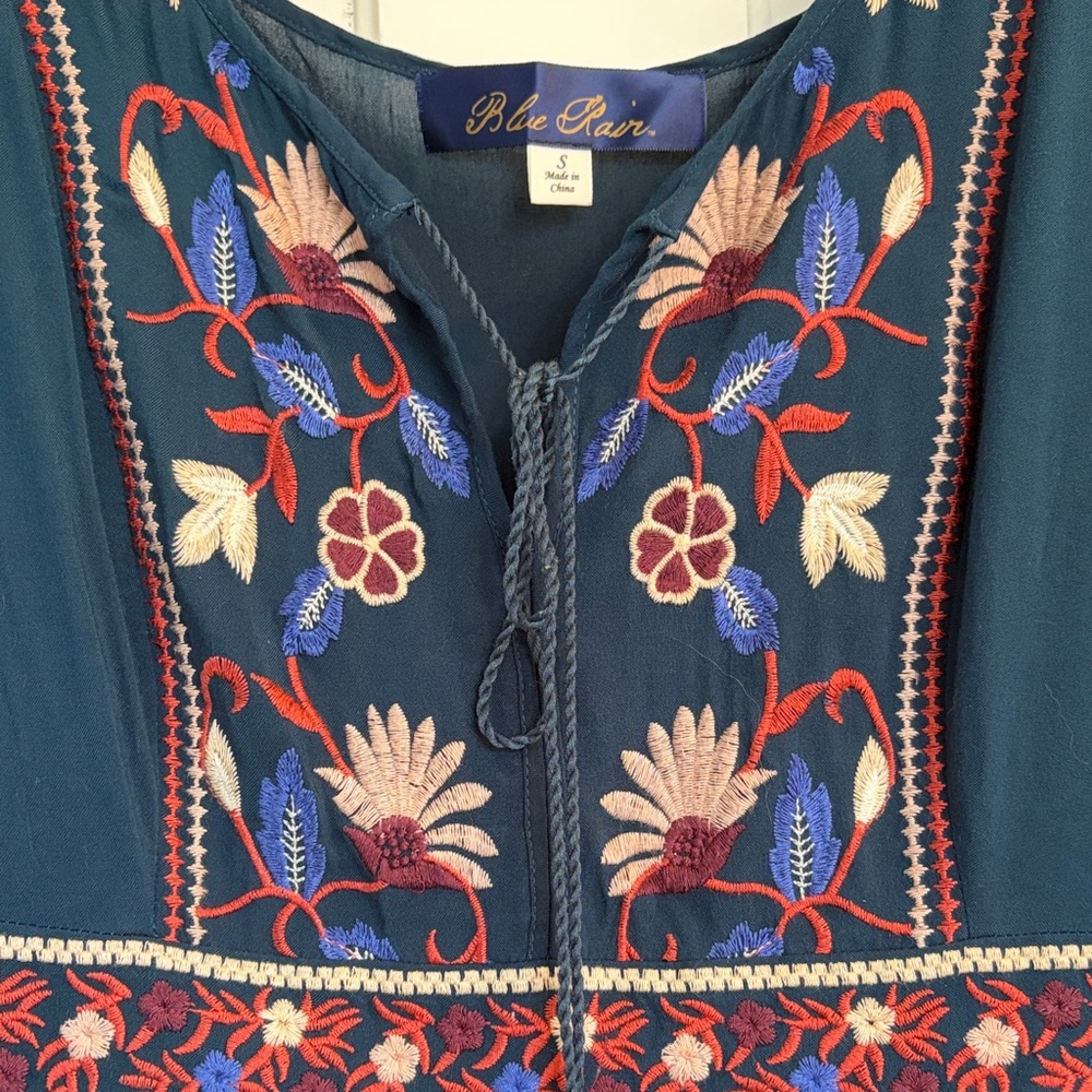 Blue Rain Navy / Teal Dress with Floral Embroidery Size Small - Picture 3 of 6